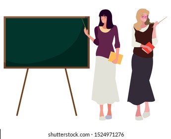 female teachers couple with textbooks and chalkboard vector illustration design