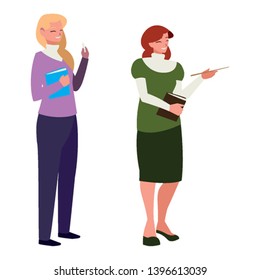 female teachers couple with textbooks characters vector illustration design