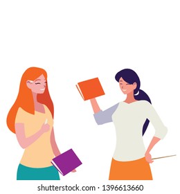 female teachers couple with textbooks characters vector illustration design