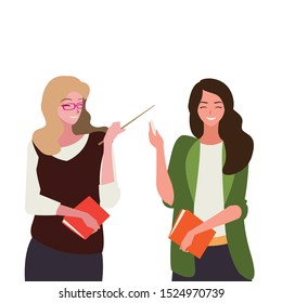 female teachers couple with textbooks characters vector illustration design