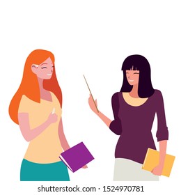 female teachers couple with textbooks characters vector illustration design