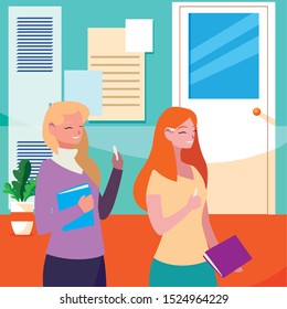 female teachers couple with textbooks in school corridor vector illustration design