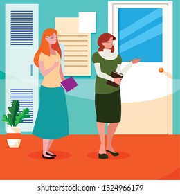 female teachers couple with textbooks in school corridor vector illustration design