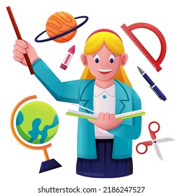 Female teachers and school supplies, perfect for design assets, vector illustration