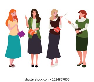 female teachers with textbooks characters vector illustration design