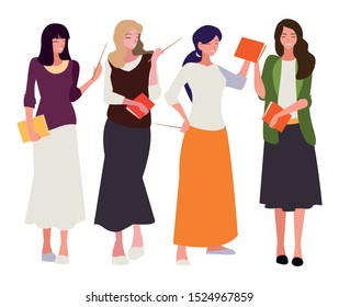 female teachers with textbooks characters vector illustration design