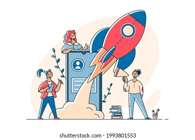 Female team launch successful startup vector illustration. Space rocket flies up from phone flat style. Business, innovative startup, creativity, entrepreneurship concept. Isolated on white background