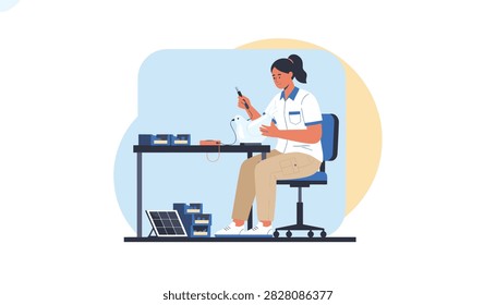 Female technician assembling electronic device at workstation with soldering tool