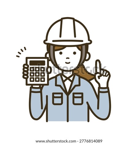 Female technician presenting estimate price with calculator and pointing wearing white helmet and workwear