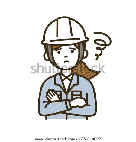 Female technician thinking with arms crossed considering estimate wearing white helmet and workwear