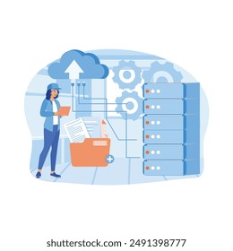 Ingenieurin im Rechenzentrum. Management der Cloud-Computing-Leistung in Server-Racks. Serverwartungskonzept. Flache Vektorillustration.