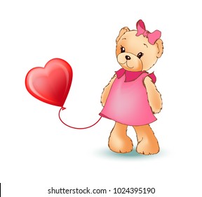 Female teddy bear holding red balloon in shape of heart in paws, fluffy character wearing dress and bow, vector illustration isolated on white