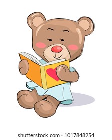 Female teddy-bear reading book with heart sign vector illustration of stuffed bear toy with pink cheeks isolated on white, present for Valentines Day