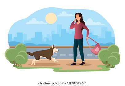 Female teen afraid of the dog with cityscape on background. panic attack, stressful situation. Flat abstract outline vector illustration concept banner design. Simple art isolated on white background