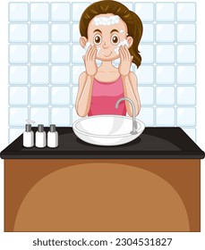 A female teen cleaning face at the sink illustration
