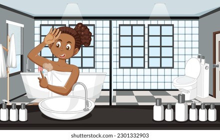 A female teen spray underarm deodorant in bathroom illustration