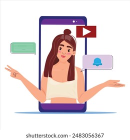 Female teenager on a cellphone, showing a peace sign with her hand. Surrounding her are social media icons .
