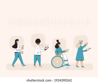 Female teenagers walking with phones and headphones walking. Girls listening to music, podcast, audiobook, lecture. Young multicultural people. Vector illustrator.