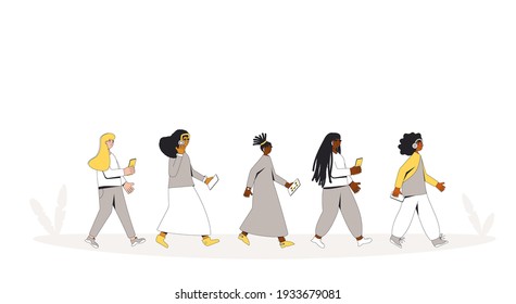 Female teenagers walking with phones and headphones walking. Girls listening to music, podcast, audiobook, lecture. Young multicultural people. Vector illustrator.