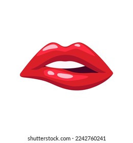Dientes hembras mordiendo labios con labios rojos aislados sobre fondo blanco. Los labios sexys de la mujer o la niña de la ilustración plana vectorial. Expresiones, emociones, concepto de belleza