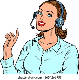 A Female Telecom Operator. Telephone Support. Pop Art Retro Vector Illustration Kitsch Vintage 50s 60s