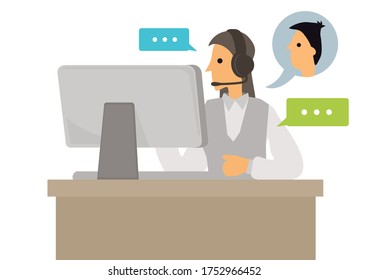 Female telemarketer or sales agent at workplace with headset at call center talking to customer. Helpline office, workday concept. Flat cartoon character vector illustration isolated