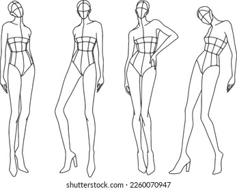 Female template fashion croquis ten head figures vector