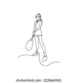 female tennis athlete continuous line.female tennis athlete line drawing isolated on white background.female athlete line art