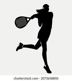 Female Tennis padel Player Icon Illustration. Paddle Sport Vector Graphic Symbol Clip Art. Sketch Black Sign young women is padel tennis player jump to the ball good looking for posts and poster video