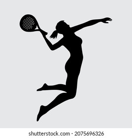 Female Tennis padel Player Icon Illustration. Paddle Sport Vector Graphic Symbol Clip Art. Sketch Black Sign young Female is padel tennis player jump to the ball good looking for posts and poster