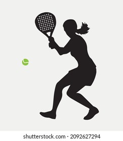 Female Tennis padel Player Icon Illustration. Paddle Sport Vector Graphic Symbol Clip Art. Sketch Black Sign young Female is padel tennis player jump to the ball good looking for posts
