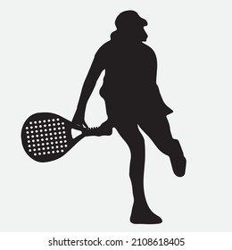 Female Tennis padel Player Icon Illustration. Paddle Sport Vector Graphic Symbol Clip Art. Sketch Black Sign young man is padel tennis player jump to the ball good looking for posts and poster video