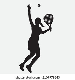Female Tennis padel Player Icon Illustration. Paddle Sport Vector Graphic Symbol Clip Art. Sketch Black Sign young man is padel tennis player jump to the ball good looking for posts and poster video