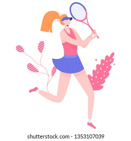 Female tennis player character with a racket in her hands. Professional or amateur player. Vector.