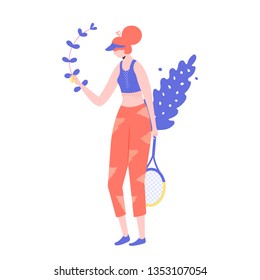 Female tennis player character with a racket in her hands. Professional or amateur player makes a tennis innings. Vector.