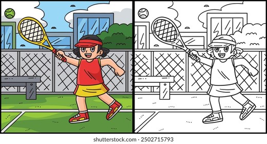 Female Tennis Player Chasing a Ball Illustration