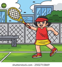 Female Tennis Player Chasing Ball Colored Cartoon 