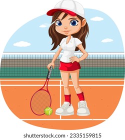 Female tennis player at tennis field background isolated illustration