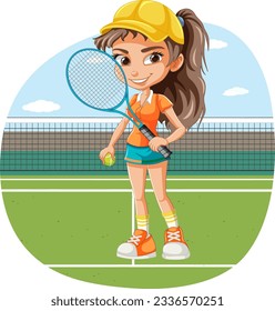 Female tennis player at tennis field background isolated illustration