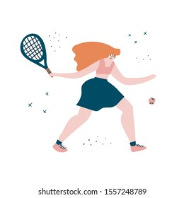 Female tennis player flat hand drawn illustration. Red haired woman doing forehand hit cartoon character. Athlete in sportswear doodle drawing. Sport training concept. T shirt print design - Shutterstock ID 1557248789