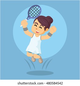female tennis player happy jumping