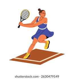 Female tennis player hitting backhand shot in active pose. Young woman in blue sports dress with racket on tennis court. Flat vector illustration isolated on white background.