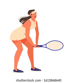 Female tennis player holding a racket on tennis court. Tennis player training. Woman wearing tennis uniform and shoes. Isolated vector illustration in cartoon style