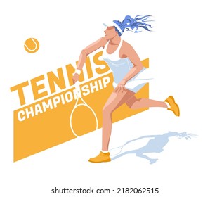 Tennisspielerin, die springt, um einen Durchgang auf abstraktem Hintergrund zu machen. Sportcharakter. Vektorgrafik