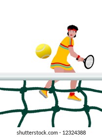 Female tennis player, net and ball