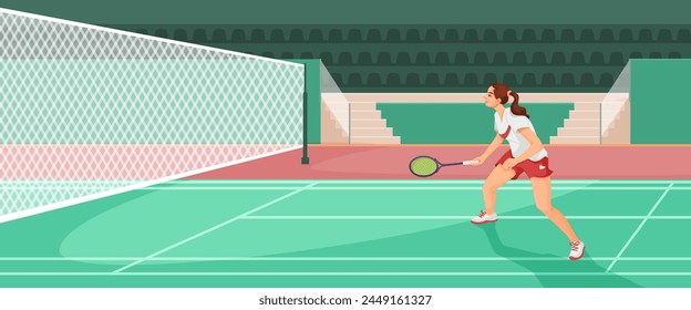 Female tennis player on the court playing tennis in a flat graphic style, on a green and red court background, concept of sports and activity, Vector illustration. Vector illustration