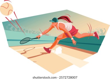 A female tennis player in a powerful forehand stroke on a clay court.