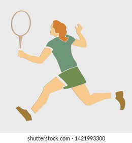 Female tennis player with racket. Colorful abstract cartoon. Girl is playing tennis. Athlete in active pose. Professional sport or hobby. Applique or paper cut style. Vector illustration.