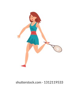 Female Tennis Player with Racket in Her Hand, Professional Sportswoman Character in Action Vector Illustration