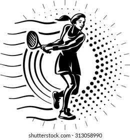 Female tennis player with racket. Illustration in the engraving style